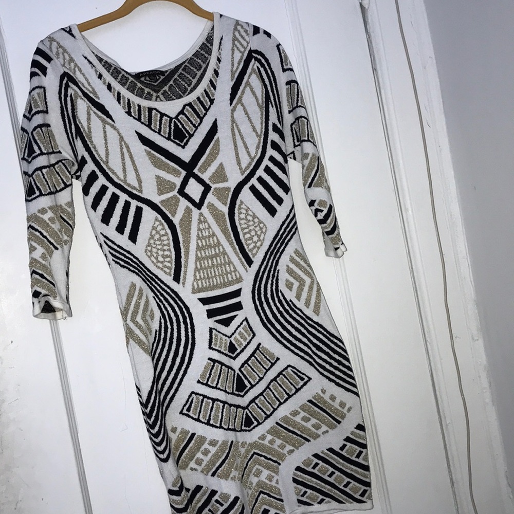 White gold and black warm sweater dress